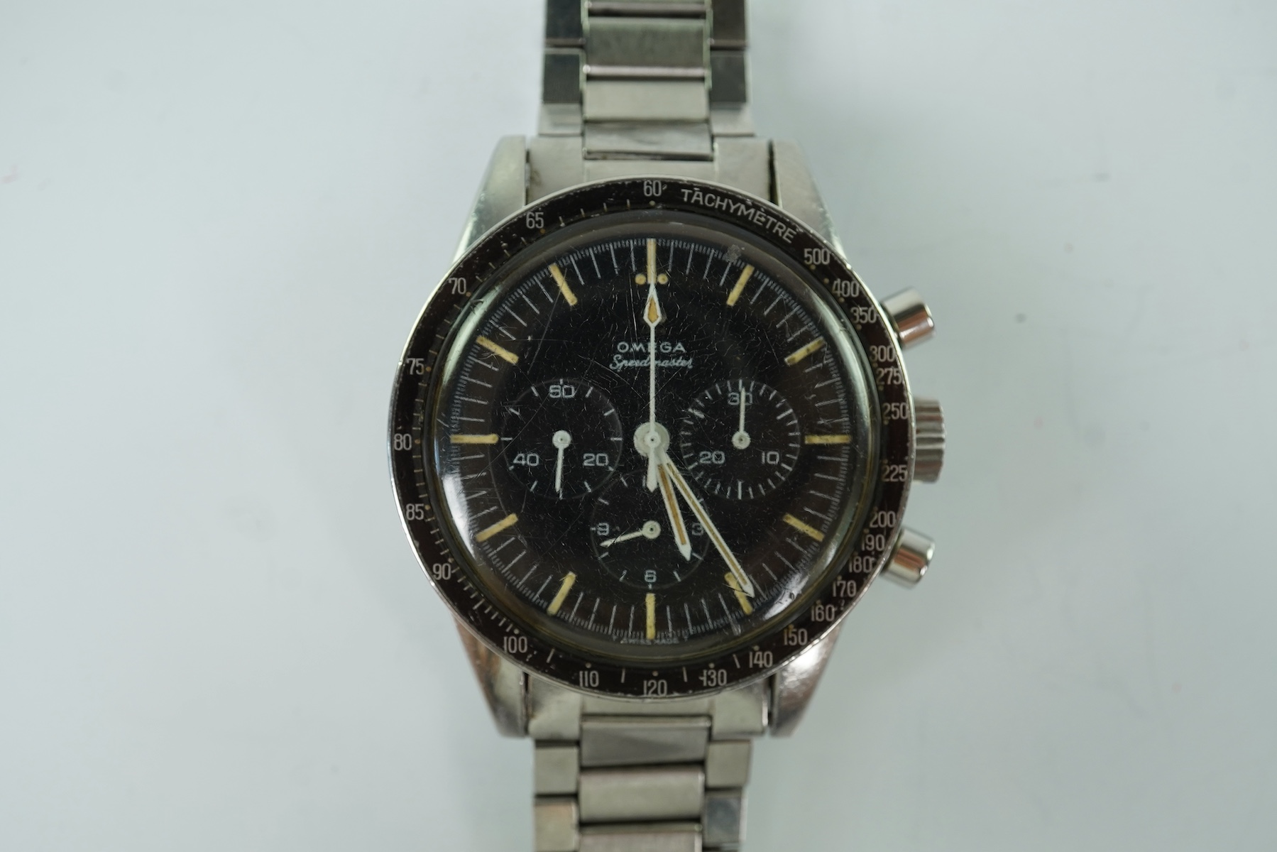 A gentleman's early 1967 stainless steel Omega Speedmaster 'Ed White' pre moon chronograph manual wind wrist watch